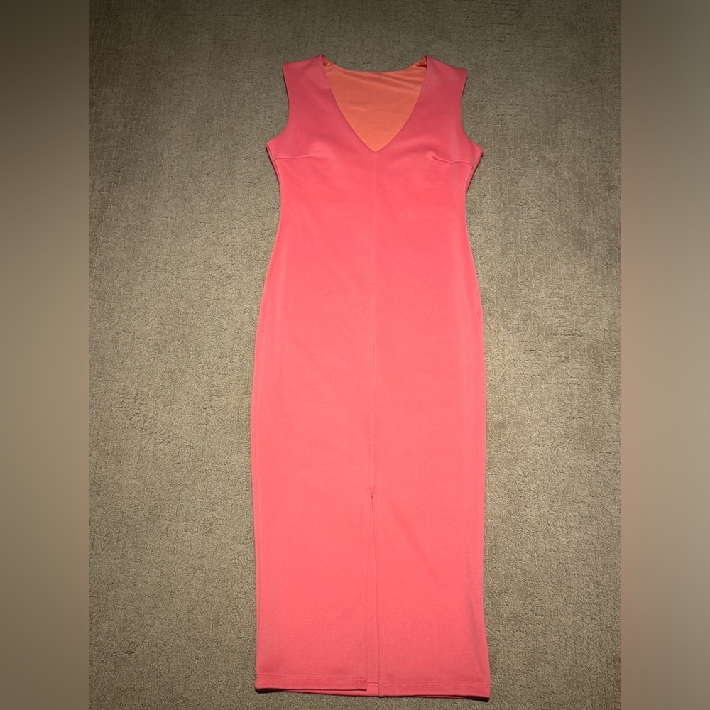 Pink v-neck split slit front midi length dress.